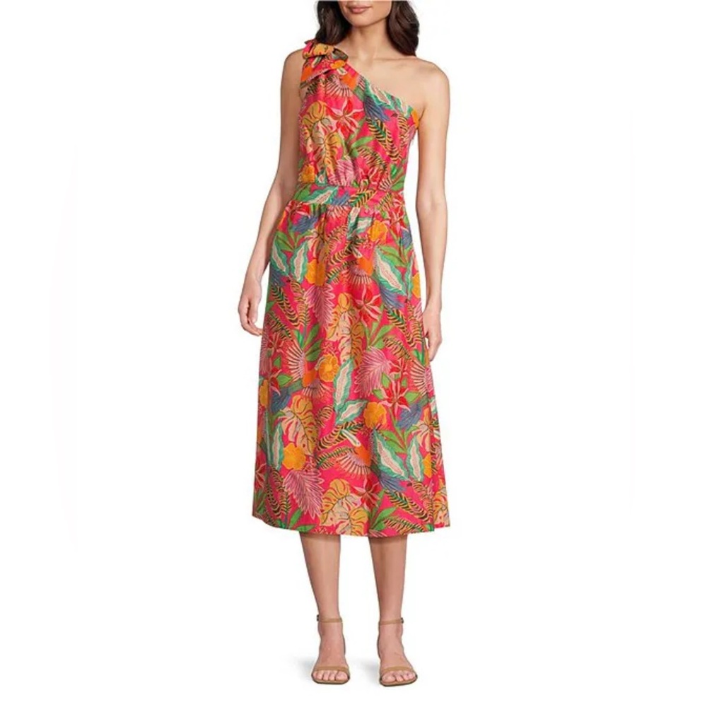 Gibson & Latimer Sz M Woven Tropical Print One Side Tie Shoulder Sheath Dress